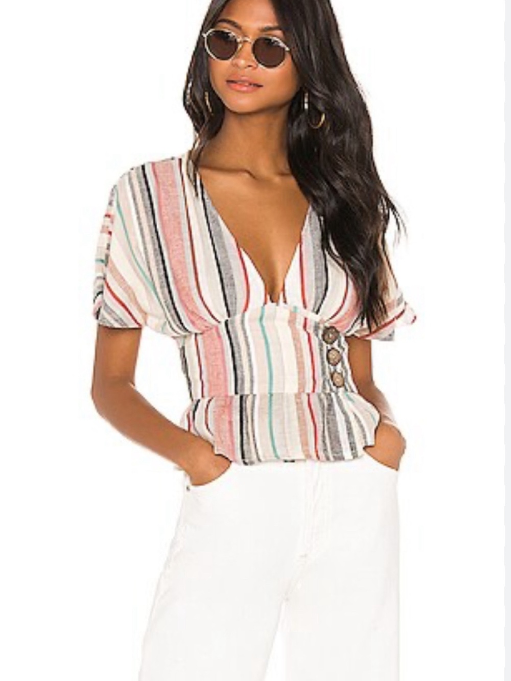 House Of Harlow x REVOLVE Striped Linen Blend Bell Sleeve V Neck Blouse Size S